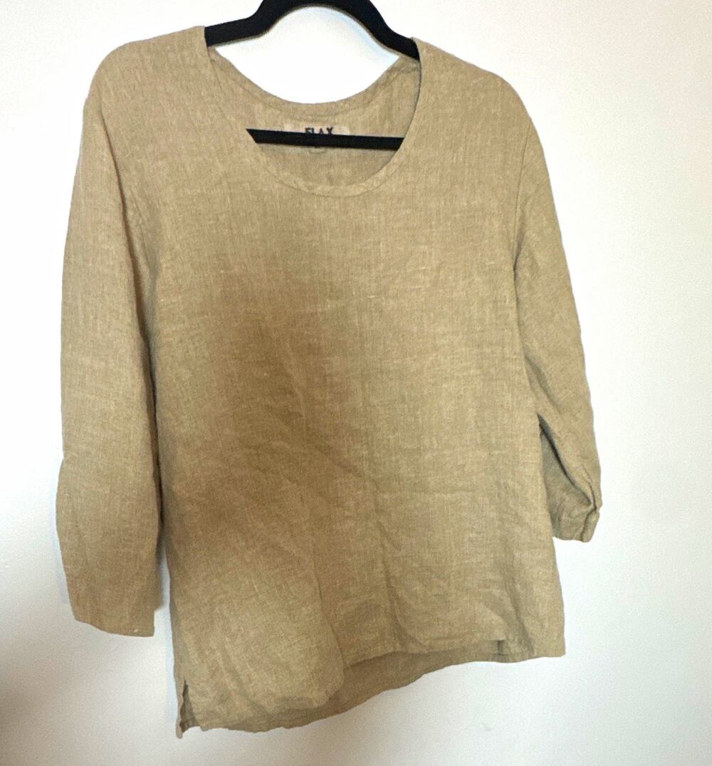 FLAX Women’s Beige 100% Linen Woven Round Neck Pullover Blouse 3/4 Sleeve M